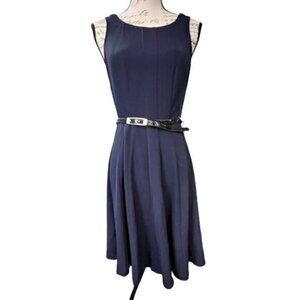 NY&C Womens Fit & Flare Dress Size 4 Sleeveless Belted Lined Full Skirt Blue EUC